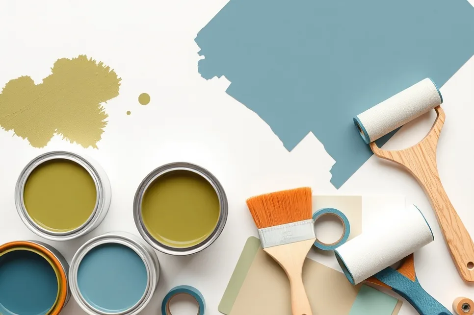 Pots de peinture, nuancier, brosses et rouleaux disposés à plat