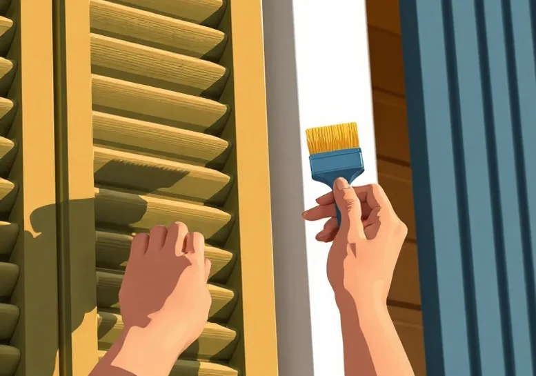 Mise en peinture au pinceau de volets et d'encadrements en bois