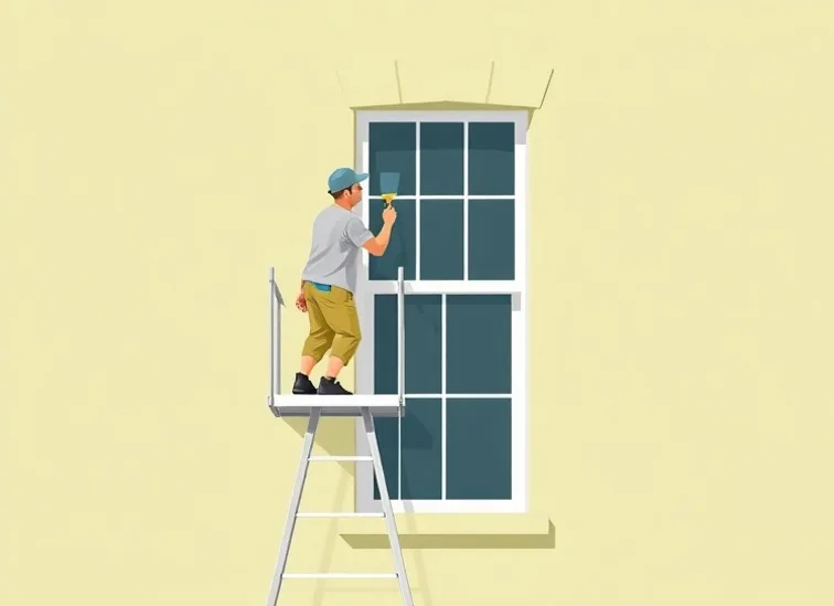 Peintre sur échafaudage traitant la façade d'une maison