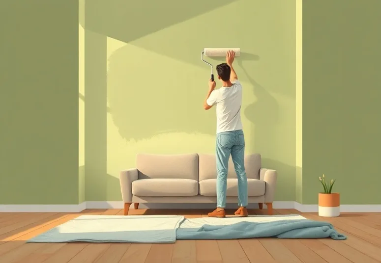 Peintre appliquant la peinture au rouleau sur un mur de salon